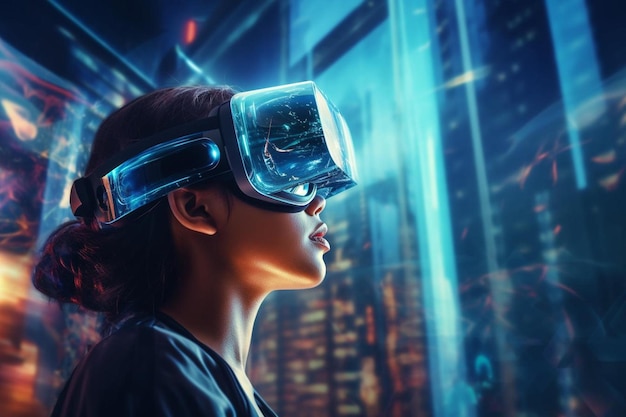 a woman wearing a virtual reality headset with the eyes closed