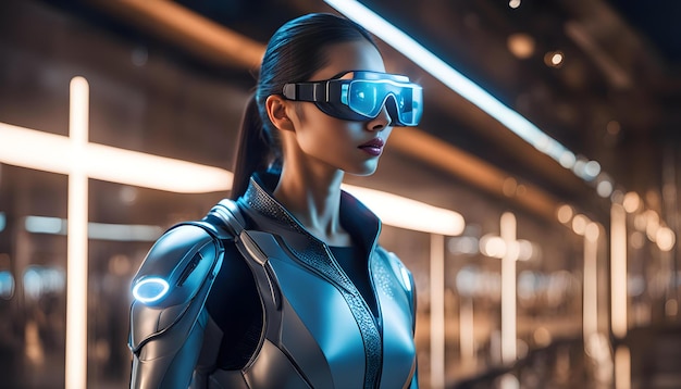 a woman wearing a virtual reality headset with glasses