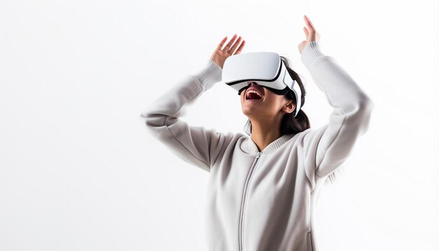 Photo a woman wearing a virtual reality headset with her hands up in the air