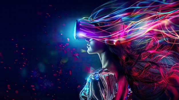a woman wearing a virtual reality headset with the lights on her face