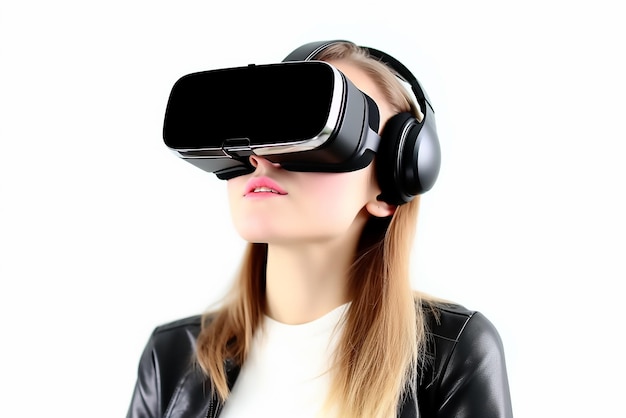 A woman wearing a virtual reality headset with a pair of headphones.