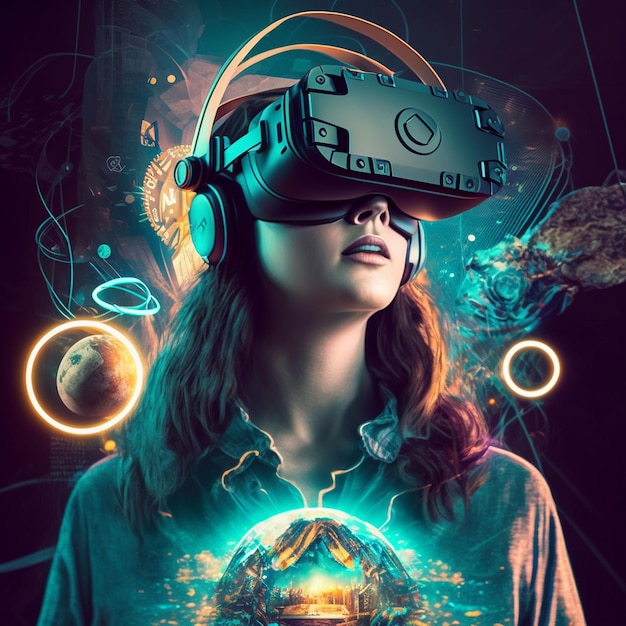 A woman wearing a virtual reality headset with a planet in the background.