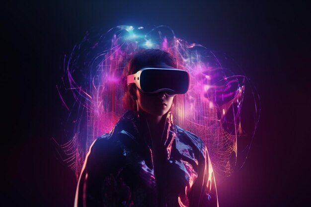 A woman wearing a virtual reality headset with a purple background.