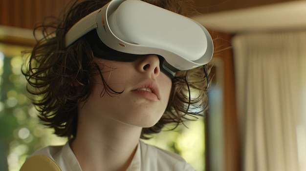 a woman wearing a virtual reality headset with a white shirt on