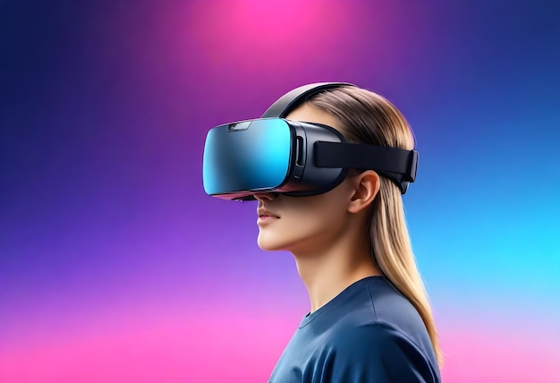 a woman wearing a virtual reality headset with the words quot virtual quot on the bottom