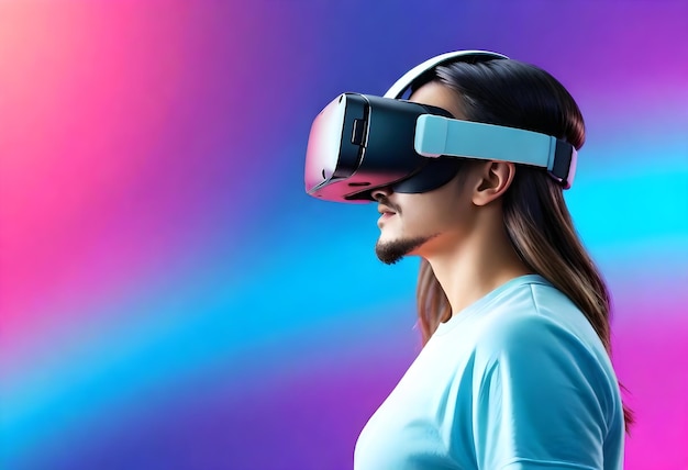 仮想現実のヘッドセットを身に着けスクリーンに仮想引用の文字が描かれている女性