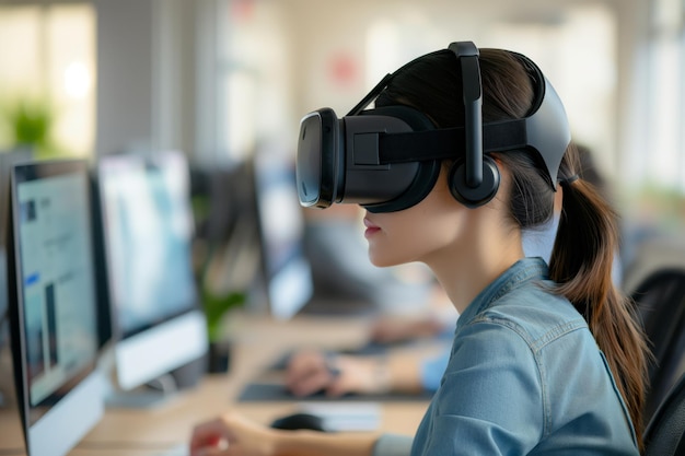 Photo a woman wearing a virtual reality headset working with computer