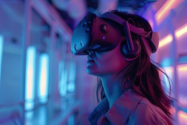 Foto una donna che indossa un auricolare di realtà virtuale
