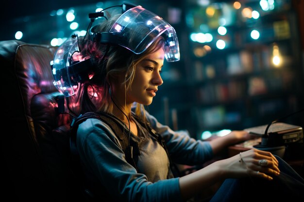 Photo woman wearing virtual reality headset