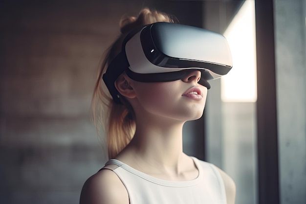 A woman wearing a virtual reality headset