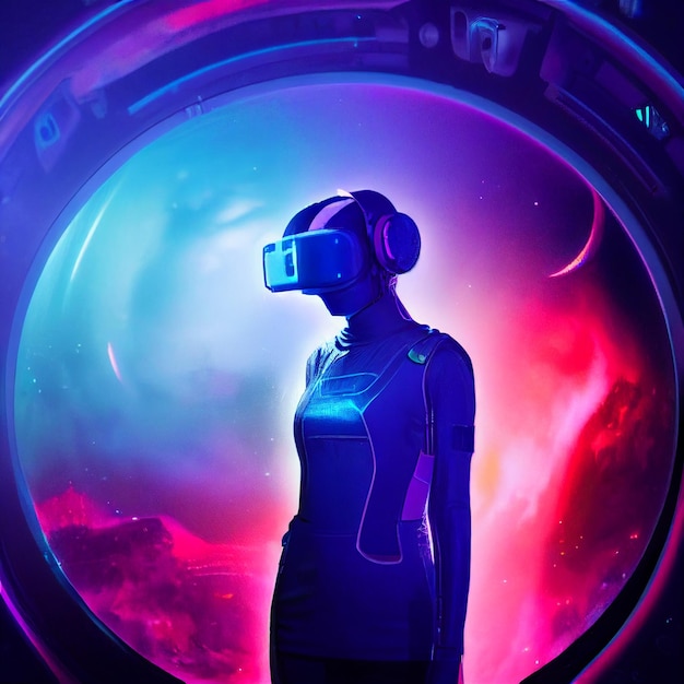 仮想現実 vr ヘッドセットの肖像画を身に着けている女性