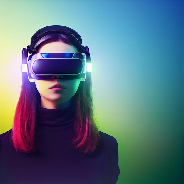 Woman wearing virtual reality vr headset portrait