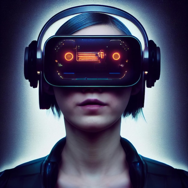 仮想現実 vr ヘッドセットの肖像画を身に着けている女性