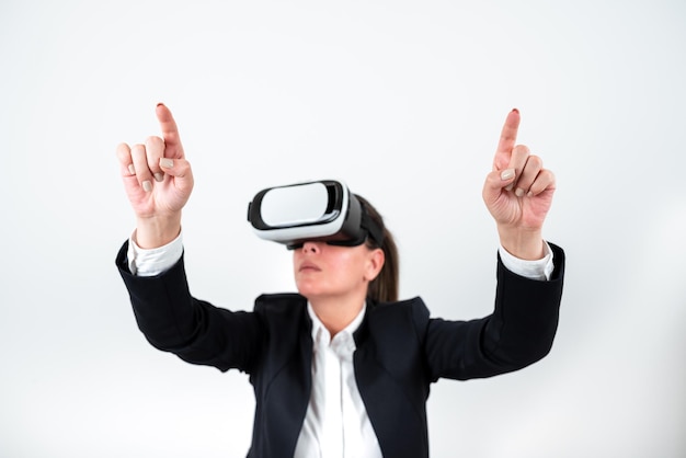 Woman Wearing Vr Glasses And Pointing On Important Messages With Both Hands Businesswoman Having Virtual Reality Eyeglasses And Showing Crutial Informations With Two Fingers