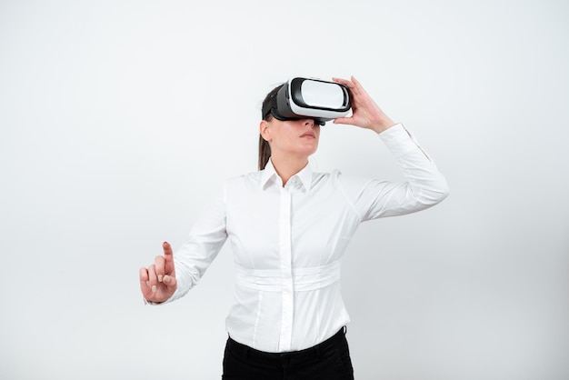 Woman wearing vr glasses and pointing on important messages with one finger businesswoman having