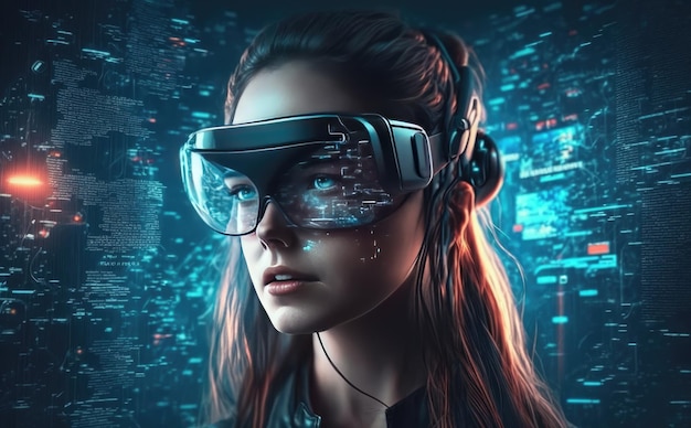 A woman wearing a vr glasses with the word vr on the screen