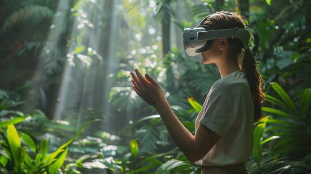 Женщина в VR-шлеме в лесу