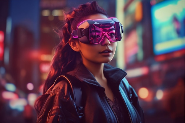 Photo a woman wearing a vr headset in front of a cityscape