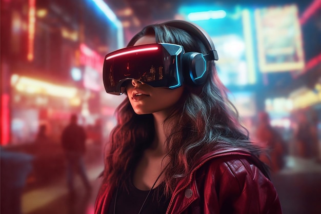 A woman wearing a vr headset in front of a cityscape