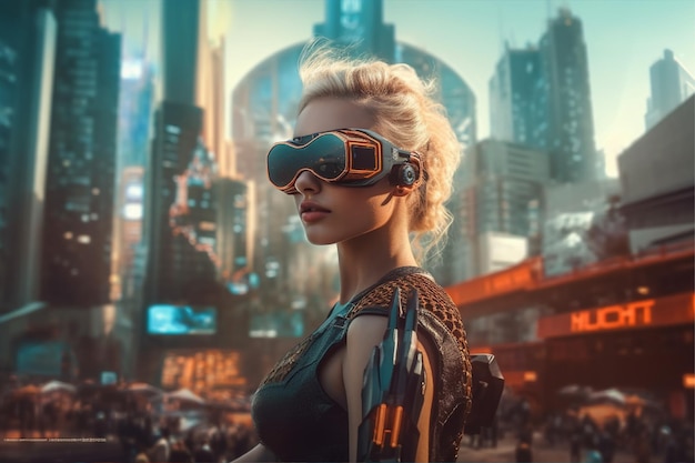 Photo a woman wearing a vr headset in front of a cityscape