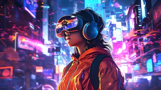 A woman wearing a vr headset in front of a cityscape.