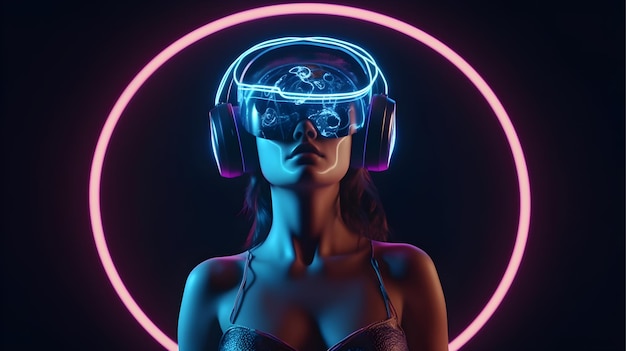 ネオンサークルの前で VR ヘッドセットを装着した女性