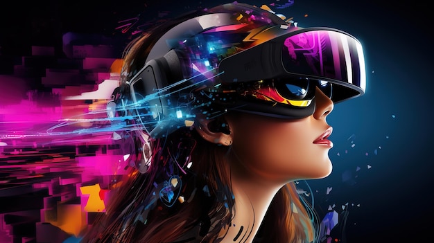 VRヘッドセットをかぶった女性 ⁇ 未来的な仮想世界
