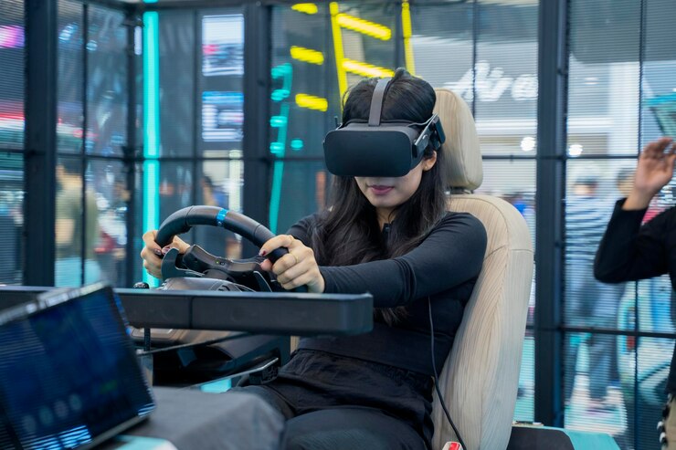 Photo woman wearing vr headset having fun while driving on car racing simulator cockpit with seat and wheel
