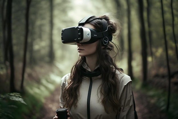 Woman wearing VR headset outside in the forest.