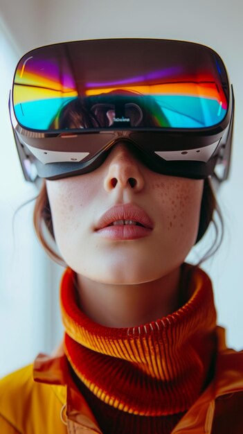 Photo a woman wearing a vr headset and a red sweater