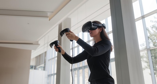 Woman wearing vr headset in server