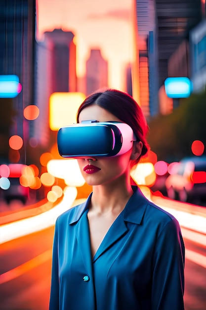 A woman wearing a vr headset stands in a busy city street.