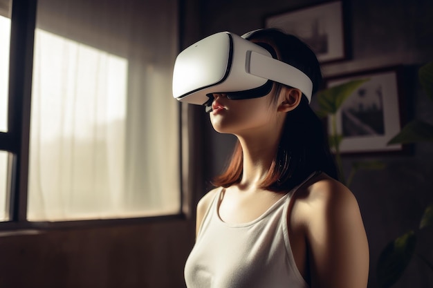 A woman wearing a vr headset stands in a dark room.