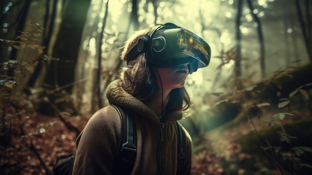 A woman wearing a vr headset stands in a forest.