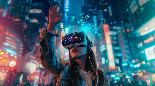 A Woman Wearing a Vr Headset Stands in Front of a Blurred Cityscape at Night