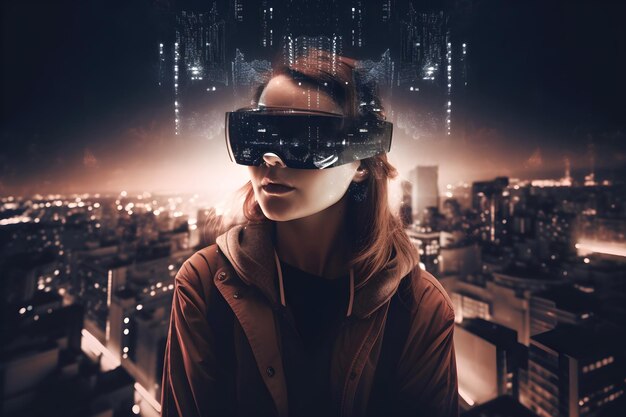 A woman wearing a vr headset stands in front of a cityscape.