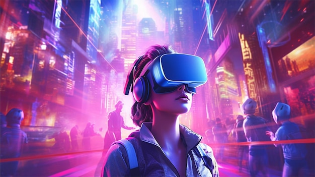 Photo a woman wearing a vr headset stands in front of a cityscape.