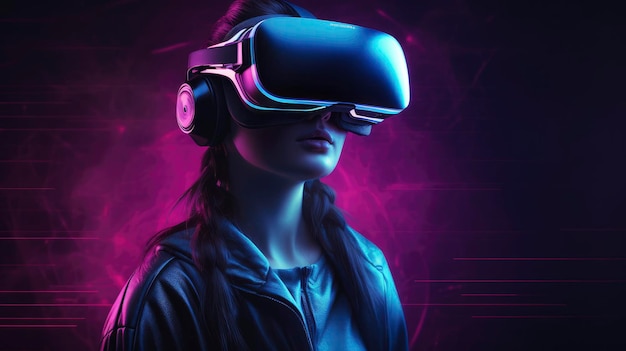 A woman wearing a vr headset stands in front of a neon - colored background.