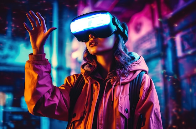 A woman wearing a vr headset stands in front of a neon - colored background.