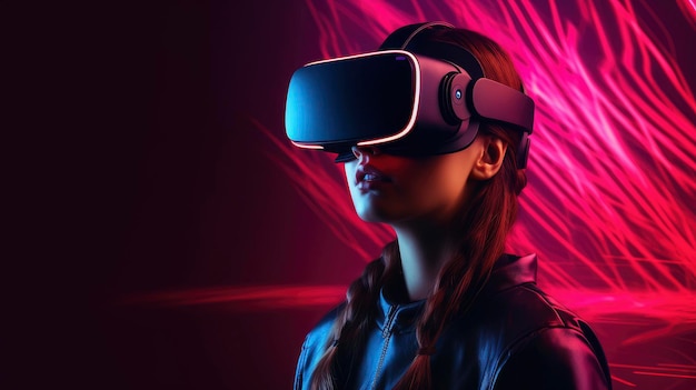 A woman wearing a vr headset stands in front of a pink neon background.