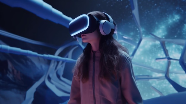 A woman wearing a vr headset stands in front of a wall with a blue background.