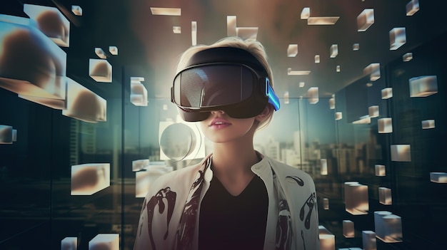 A woman wearing a vr headset stands in front of a wall with a number of cubes and a glass wall