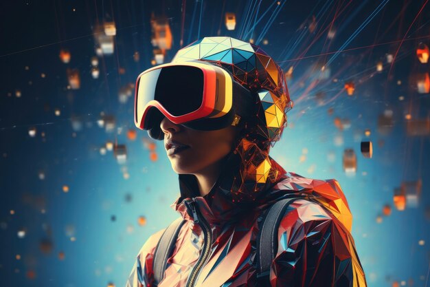 Женщина в гарнитуре VR использует сюрреалистический мир и красочные цветочные поля виртуальной реальности Generative AI