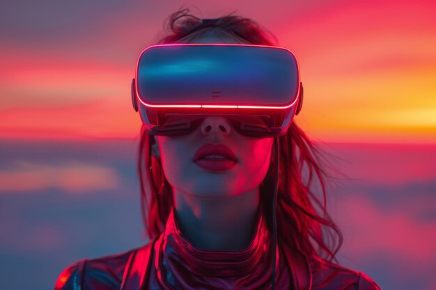 Foto una donna che indossa un auricolare vr utilizza un mondo surreale e una realtà virtuale campi di fiori colorati