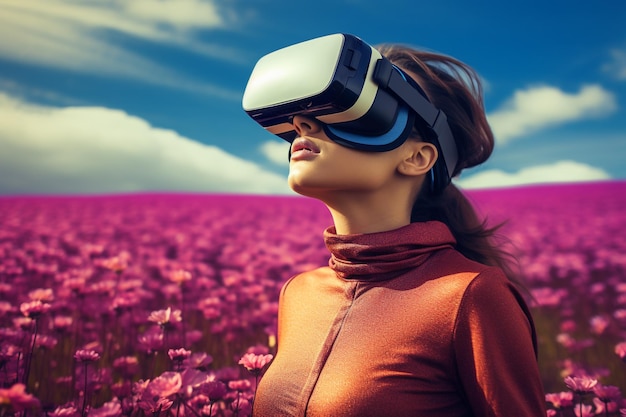 Женщина, носящая наушники VR, пользователь сюрреалистического мира и виртуальной реальности Генеративный ИИ