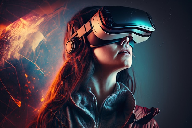 번개 배경의 VR 헤드셋을 착용한 여성