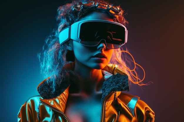 A woman wearing a vr headset with a neon glow effect.