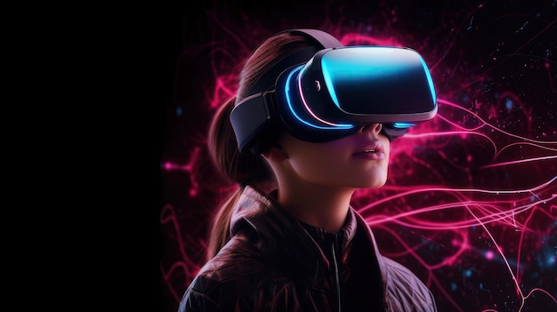 A woman wearing a vr headset with the word vr on the bottom.