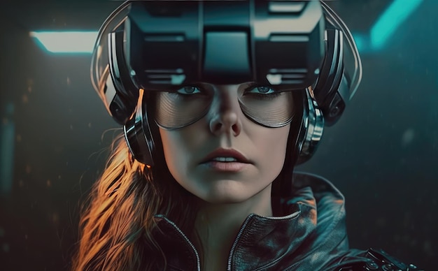 A woman wearing a vr headset with the word vr on the front.