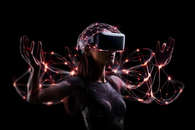 A woman wearing a vr headset with the word vr on the front.